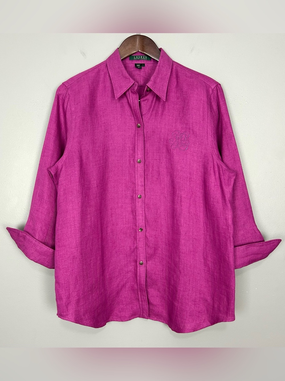 Lauren Ralph Lauren Linen Monogram Shirt Women’s Size L Button Front Embroidered